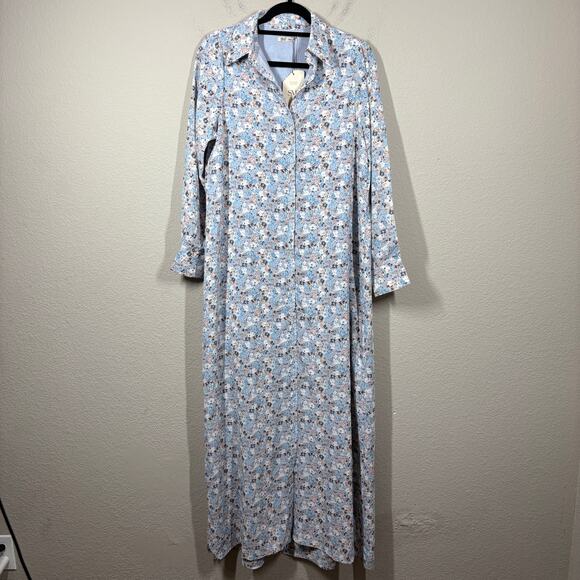 SMF Womens Large Maxi Shirt Dress Blue Floral Button Up Collared 3/4 Sleeves - Picture 1 of 9